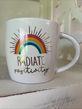 Radiate Positivity Rainbow Gold Ceramic Coffee Mug Motivational Gift